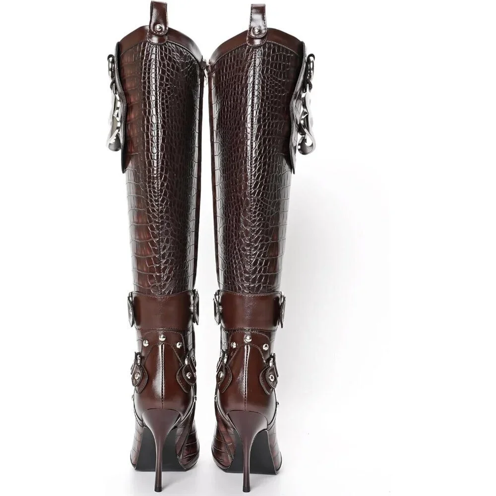 Women's Brown Pointed Toe Slim Calf Sexy Stiletto High Heel Long Tall Boots